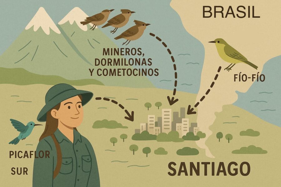 Mapa ilustrado muestra rutas migratorias de aves hacia Santiago de Chile desde la cordillera, el sur y Brasil.