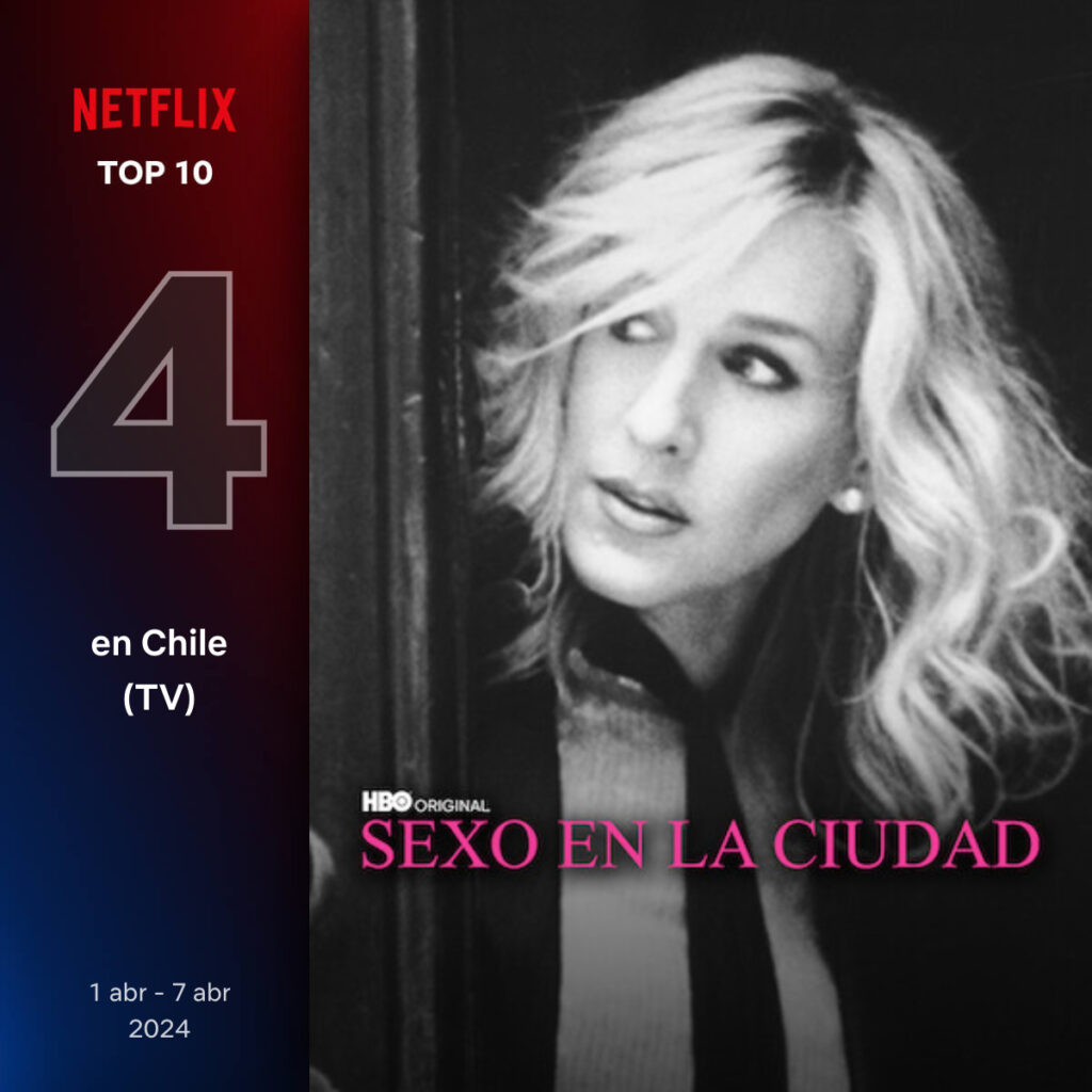 "Sex and the city" temporada uno ocupa el cuarto lugar de las series mas vistas en Netflix en Chile, entre el 1 y el 7 de abril.